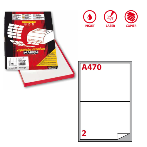 Etichette adesive A/470 - in carta - permanenti - 199,6 x 143,5 mm - 2 et/fg - 100 fogli - bianco - angoli tondi - Markin